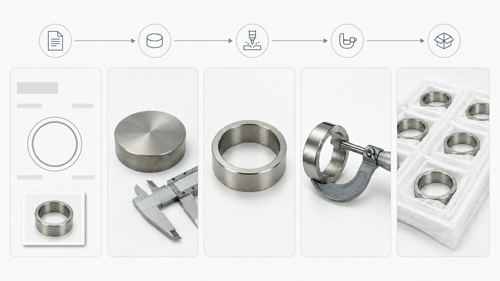 Illustrated sequence from component drawing to finished machined part